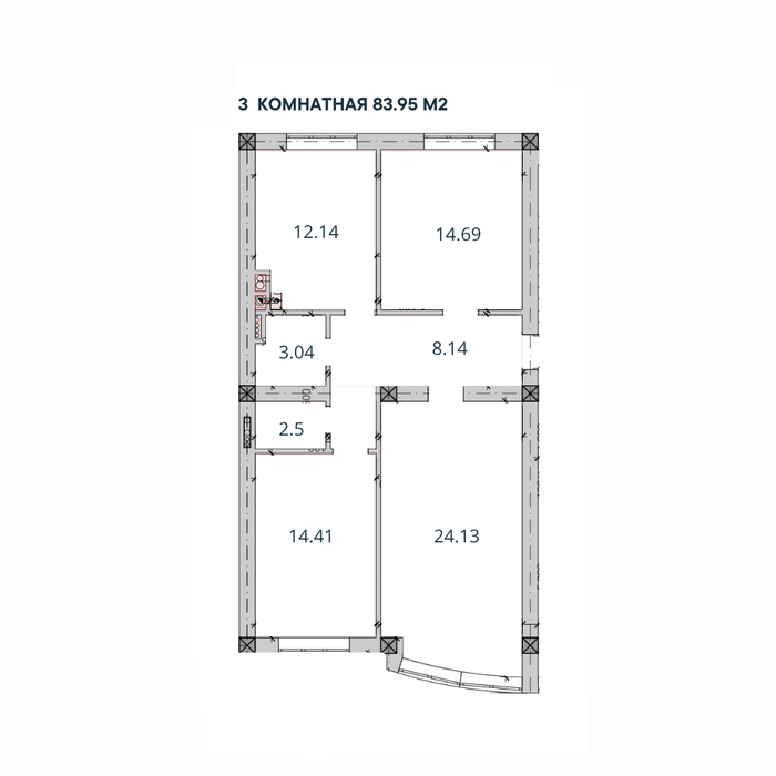 3-комн. квартира, 83,95 м²; 2,3 этаж