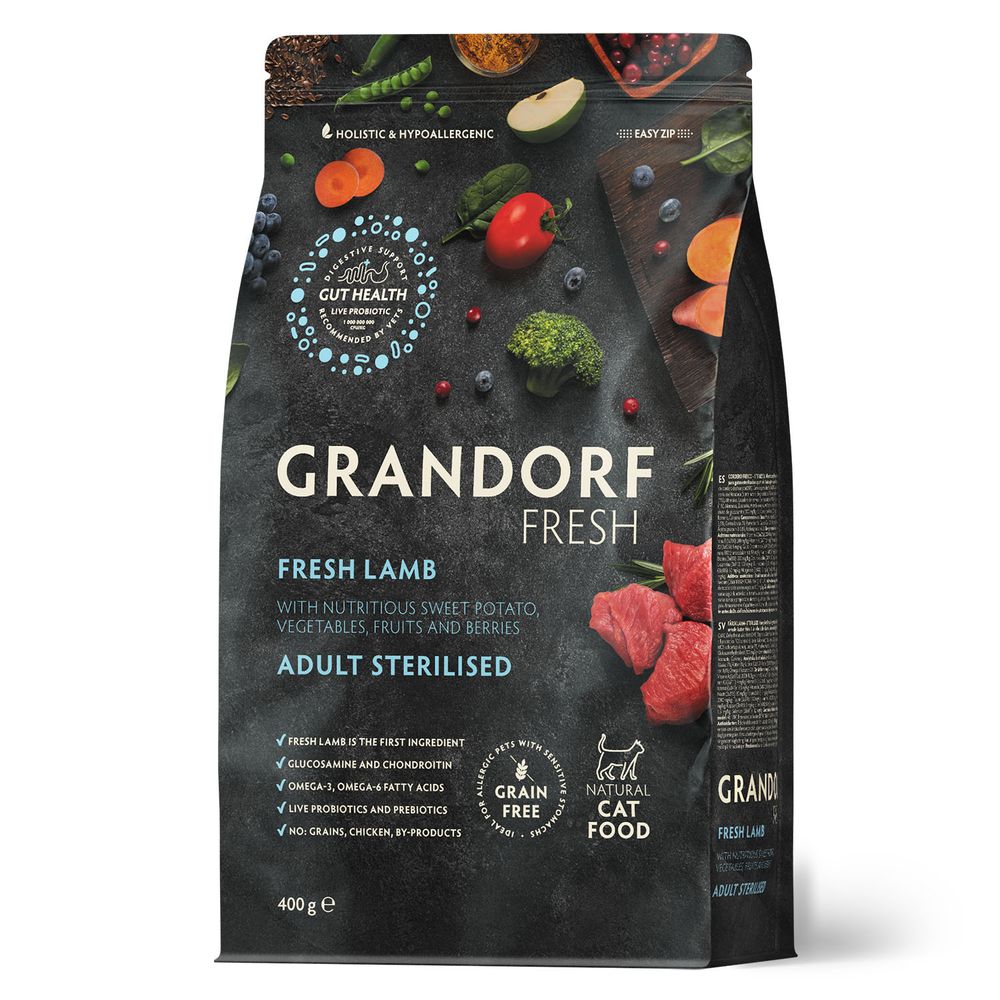 Беззерновой корм с живыми пробиотиками GRANDORF Fresh Cat STERILISED Lamb&Sweet Potato Свежее мясо ягненка с бататом для стерилизованных кошек 400 г Беззерновой корм с живыми пробиотиками GRANDORF Fresh Cat STERILISED Lamb&Sweet Potato Свежее мясо ягненка с бататом для стерилизованных кошек 400 г