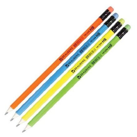 Карандаш чернографитный Brauberg Neon, HB, с ластиком, трехгранный корпус, ассорти