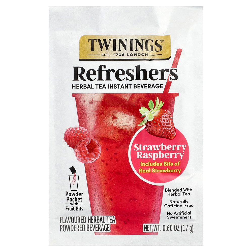 Twinings, Refreshers, растворимый напиток на основе травяного чая, клубника и малина, без кофеина, 5 пакетиков по 17 г (0,6 унции)