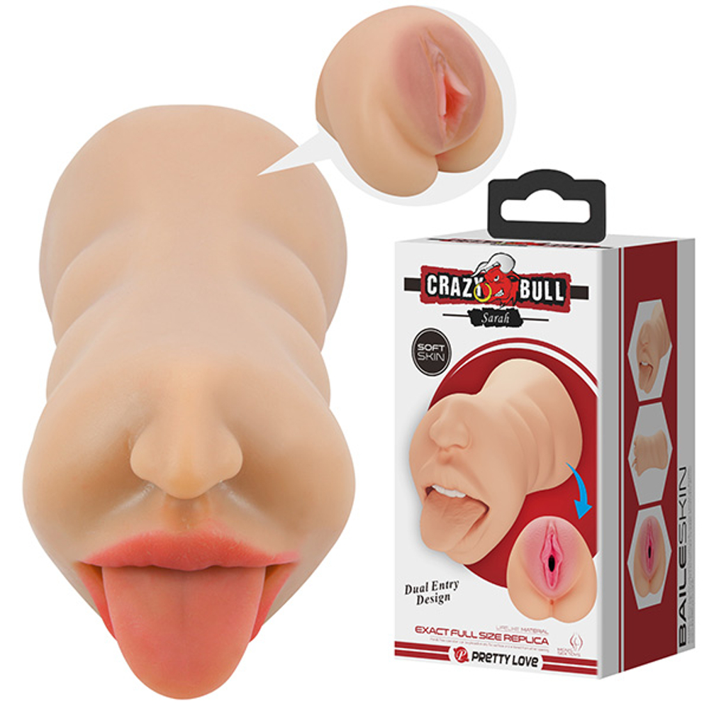 Телесный двустороний мастурбатор 18см ротик-вагина Pretty Love Crazy Bull Sarah Premium Dual Channel Male Masturbatur BM-009240N