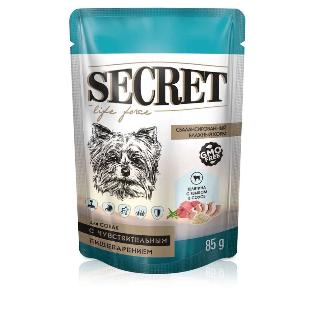 Влажный корм для собак Secret телятина с языком в соусе 85 гр