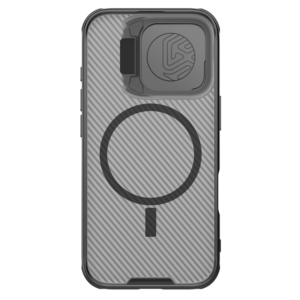 Чехол прозрачный тонированный (Transparent Black) от Nillkin с металлической крышкой и MagSafe на iPhone 16 Pro, серия CamShield Prop Magnetic Case