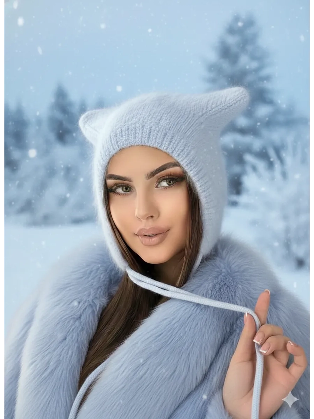 Шапка с ушками зимняя ангора вязаная
