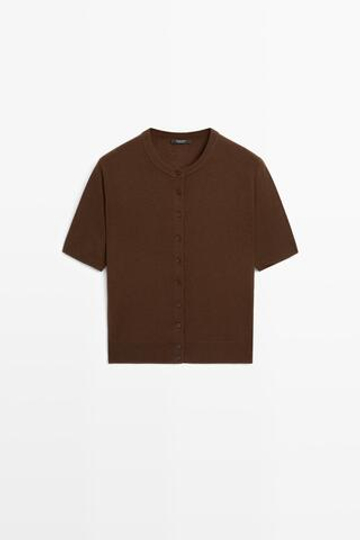 Massimo Dutti Кардиган из шерсти с короткими рукавами, коричневый