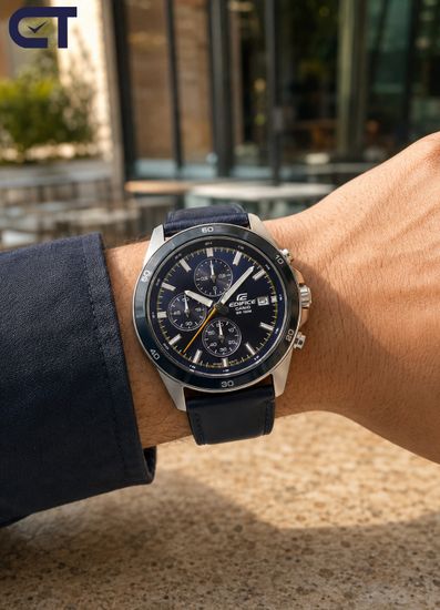 CASIO EFR-526L-2CVUDF EDIFICE мужские наручные часы — кожаный хронограф с синим циферблатом