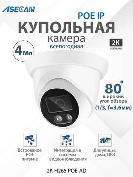 ASECAM 2K POE купольная IP камера 4Mp POE, детектор движения, объектив 3,6mm