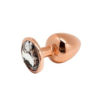 Золотистая анальная пробка 9см с прозрачным кристаллом Cnex Wooomy Tralalo Rose Gold Metal Plug Large White