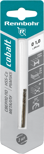 Сверло по металлу, ЦХ, 1,0х34мм, HSS-Co, Р6М5К5, 2шт/уп, RENNBOHR COBALT CARD