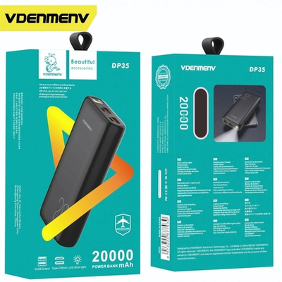 Внешний аккумулятор DENMEN DP35 20000mAh, 2.1A, MicroUSB/Type-C+2xUSB Black