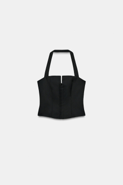 ZARA ТОП-КОРСЕТ В ПОЛОСКУ С ГОРЛОВИНОЙ ХАЛТЕР, ЧЕРНЫЙ