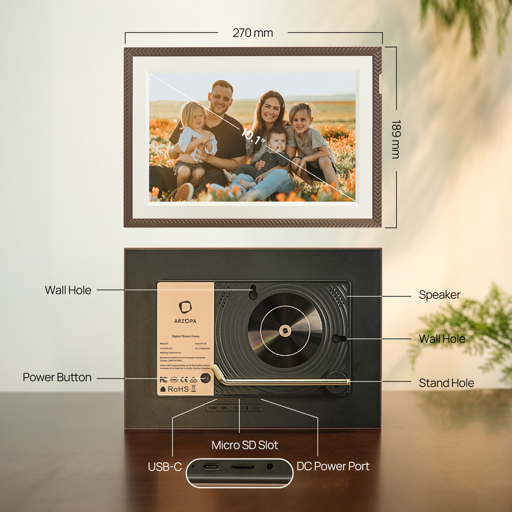 Цифровая фоторамка Arzopa D10 Brown Wi-Fi, 10,1-дюймовый сенсорный экран IPS, разрешение 1280x800