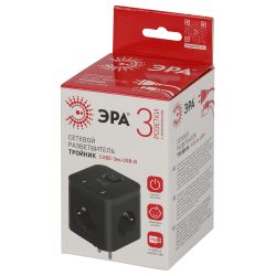 Разветвитель электрический ЭРА CUBE-3es-USB-B на 3 розетки с заземлением и выключателем + 4USBA+C со шторками 16А черный | Тройники