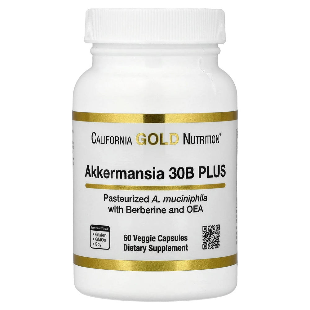 California Gold Nutrition, Akkermansia 30B PLUS, аккермансия с фосфолипидной матрицей с берберином и олеилэтаноламином, 60 растительных капсул