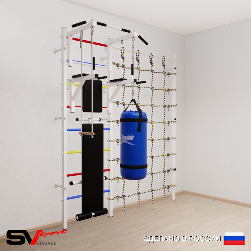 Шведская стенка Sv Sport 58320 (Турник стандарт/Брусья/Скамья/Трапеция/Цепь/Мешок 22кг/Канатный лаз)