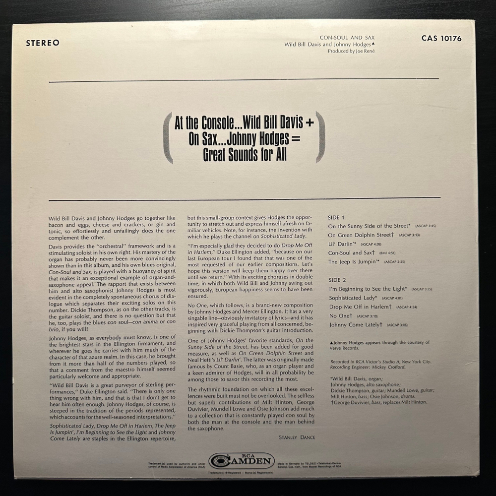 Wild Bill Davis & Johnny Hodges ‎– Con-Soul And Sax (Германия)