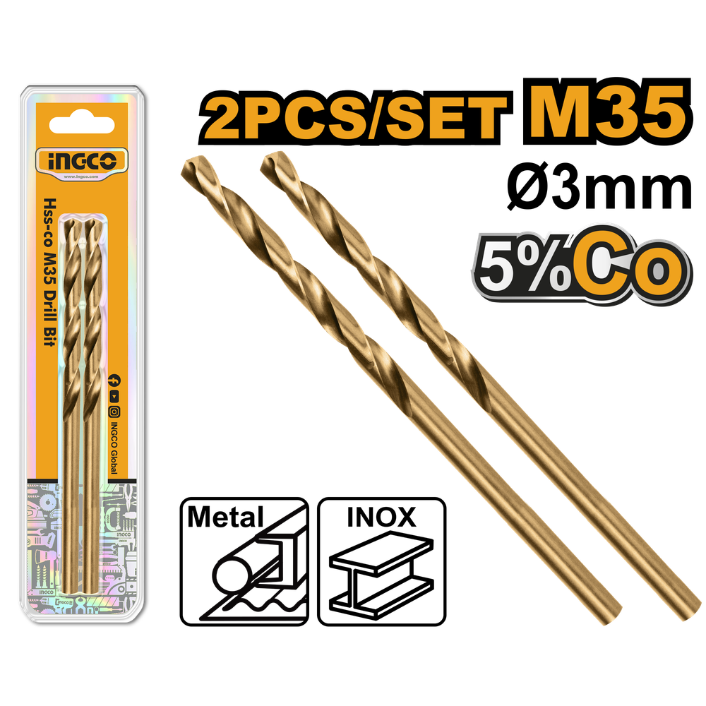 Сверло по металлу кобальтовое HSS-CO M35 3 мм INGCO DBT01130301 INDUSTRIAL 2 шт.