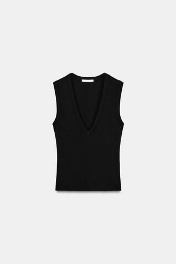 ZARA ХЛОПКОВАЯ ФУТБОЛКА С V-ОБРАЗНЫМ ВЫРЕЗОМ, ЧЕРНЫЙ