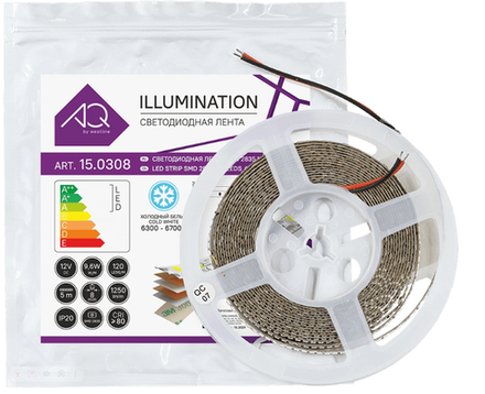Лента светодиодная 2835, 120 LED/м, 12V, 9,6W/м, 8 мм, IP20, холодный белый, AQ/Айкью (15.0016)