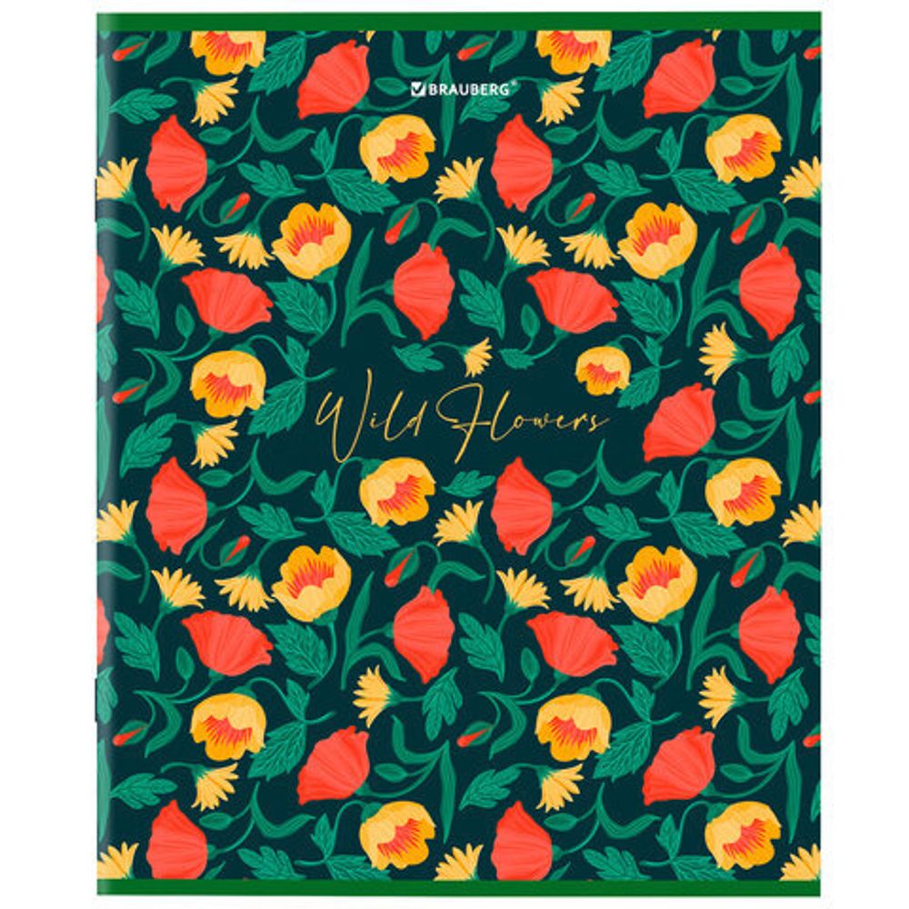 Тетрадь А5, 96 л., BRAUBERG, скоба, клетка, глянцевая ламинация, "Wild Flowers", 404429, 5шт