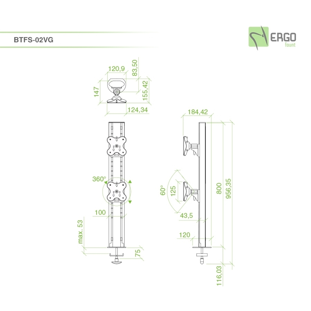 ErgoFount BTFS-02VG Настольное крепление для 2 мониторов диагональю до 30’’ с изменяемой высотой, струбцина типа G, макс. нагрузка 24 кг
