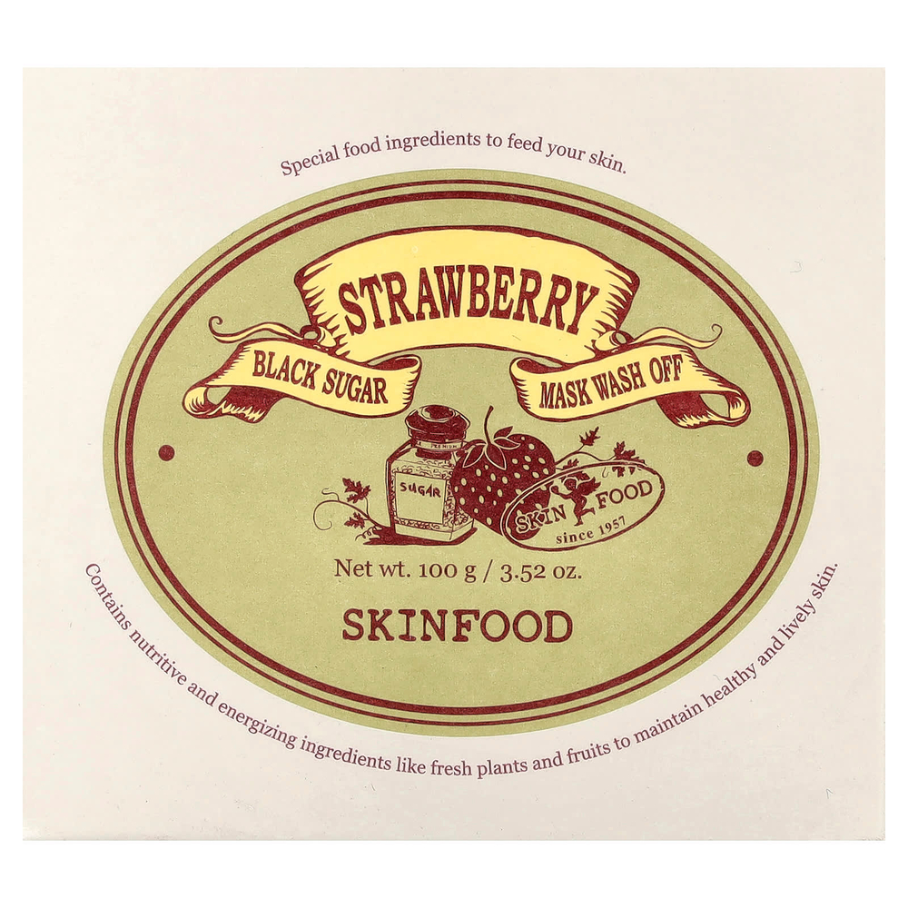 SKINFOOD, смываемая маска для лица с черным сахаром, с клубникой, 100 г (3,52 унции)