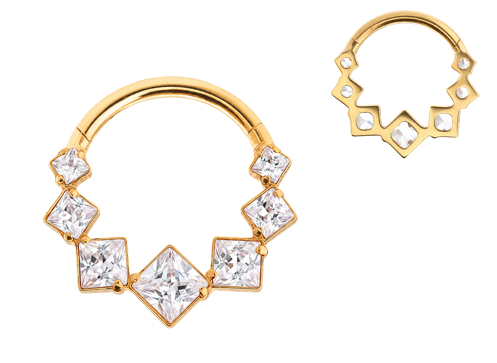 Кликер фронтальный с кристаллами princess cut с золотым PVD покрытием
