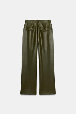 ZARA БРЮКИ ПРЯМОГО КРОЯ ИЗ ИСКУССТВЕННОЙ КОЖИ, ХАКИ