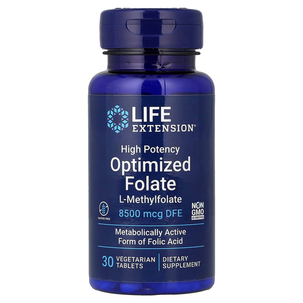 Life Extension, оптимизированный фолат, высокоэффективный, 8500 мкг DFE, 30 вегетарианских таблеток