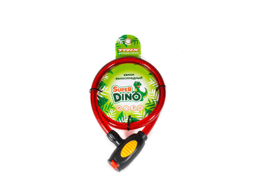 Замок противоугонный TRIX трос, ключи, детский, 12×800мм, Super Dino, пластиковая оплетка, красный