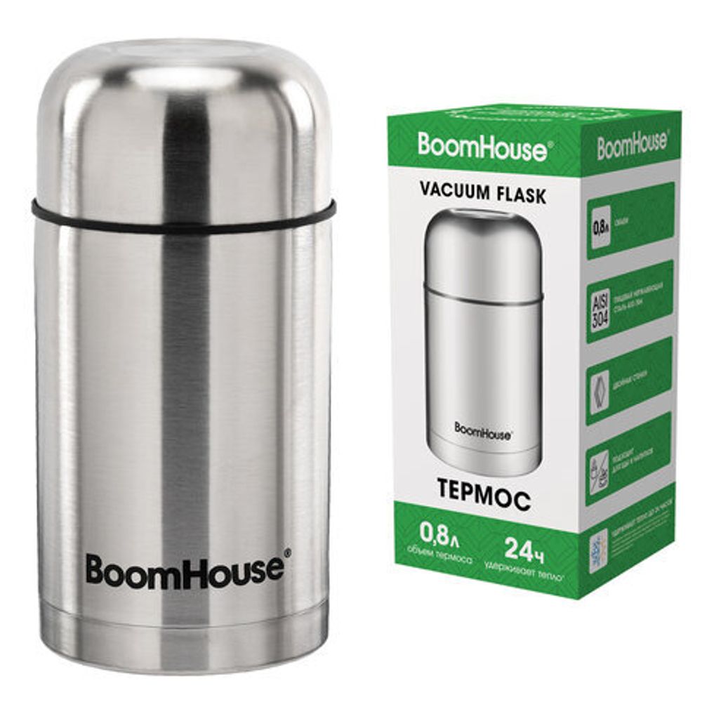 Термос 0,8 л для еды/напитков с широким горлом, BOOMHOUSE (БУМХАУ) WIDE, нержавеющая сталь SUS304, серебристый, 700319