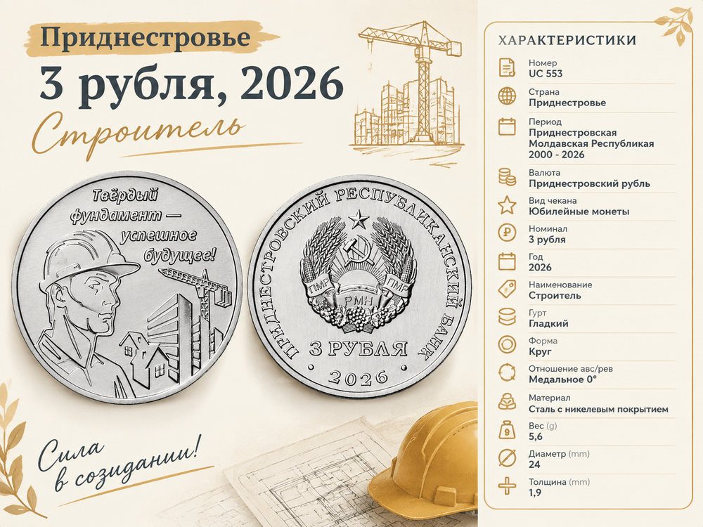 Приднестровье 3 рубля, 2026 Строитель
