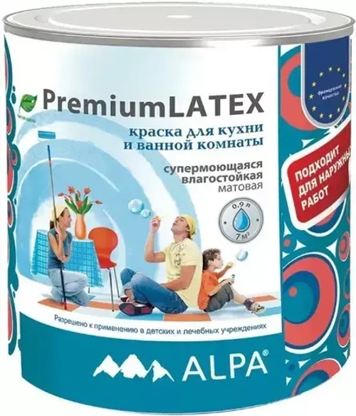Краска Alpa Premium Latex для кухонь и ванных комнат супермоющаяся влагостойкая белая