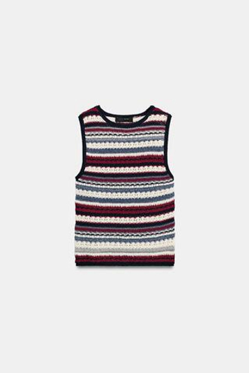 ZARA ТРИКОТАЖНЫЙ ТОП В ПОЛОСКУ, БОРДОВЫЙ/ЭКРЮ