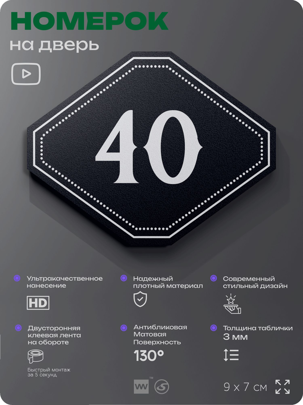 Номерок на дверь квартиры 40, для кабинета, офиса, шильдик 9 х 7 см, черный, Айдентика Технолоджи