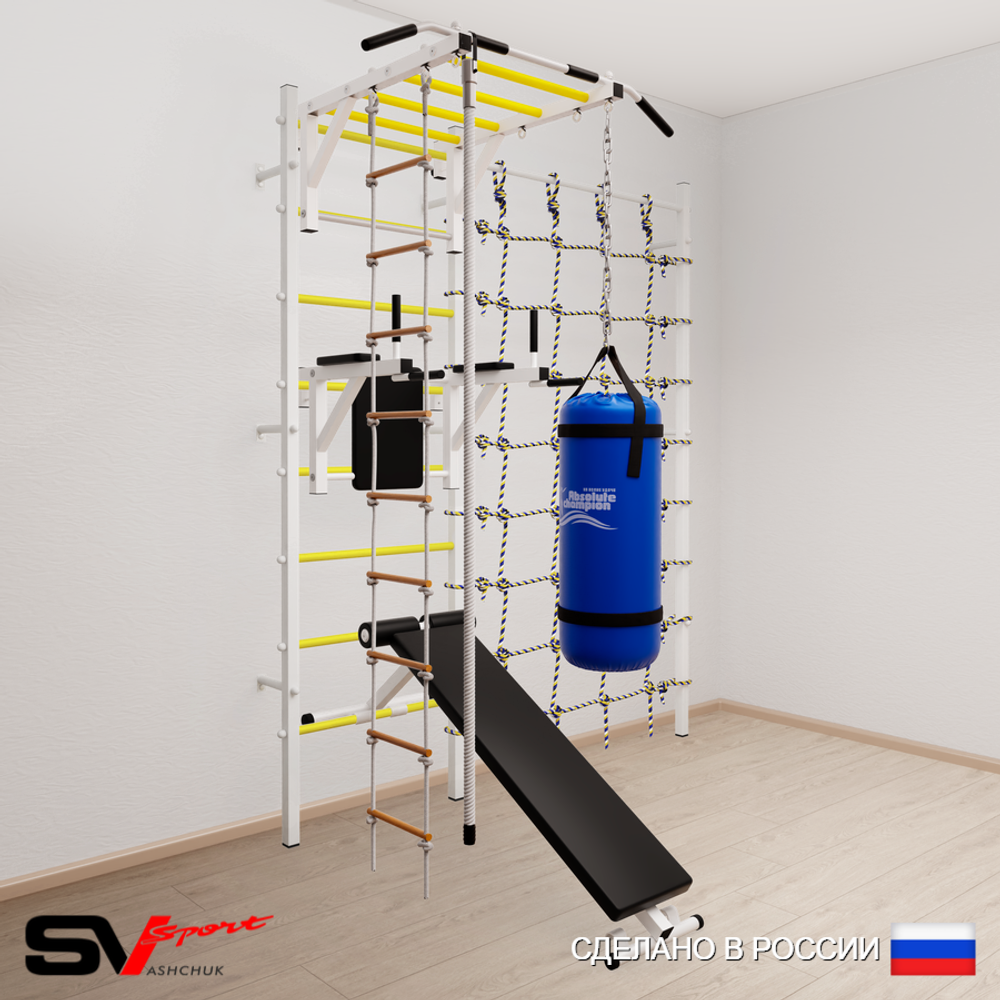 Шведская стенка Sv Sport 55510 (Турник рукоход/Брусья/Скамья/Канат/Лестница/Цепь/Мешок 15кг/Канатный лаз)