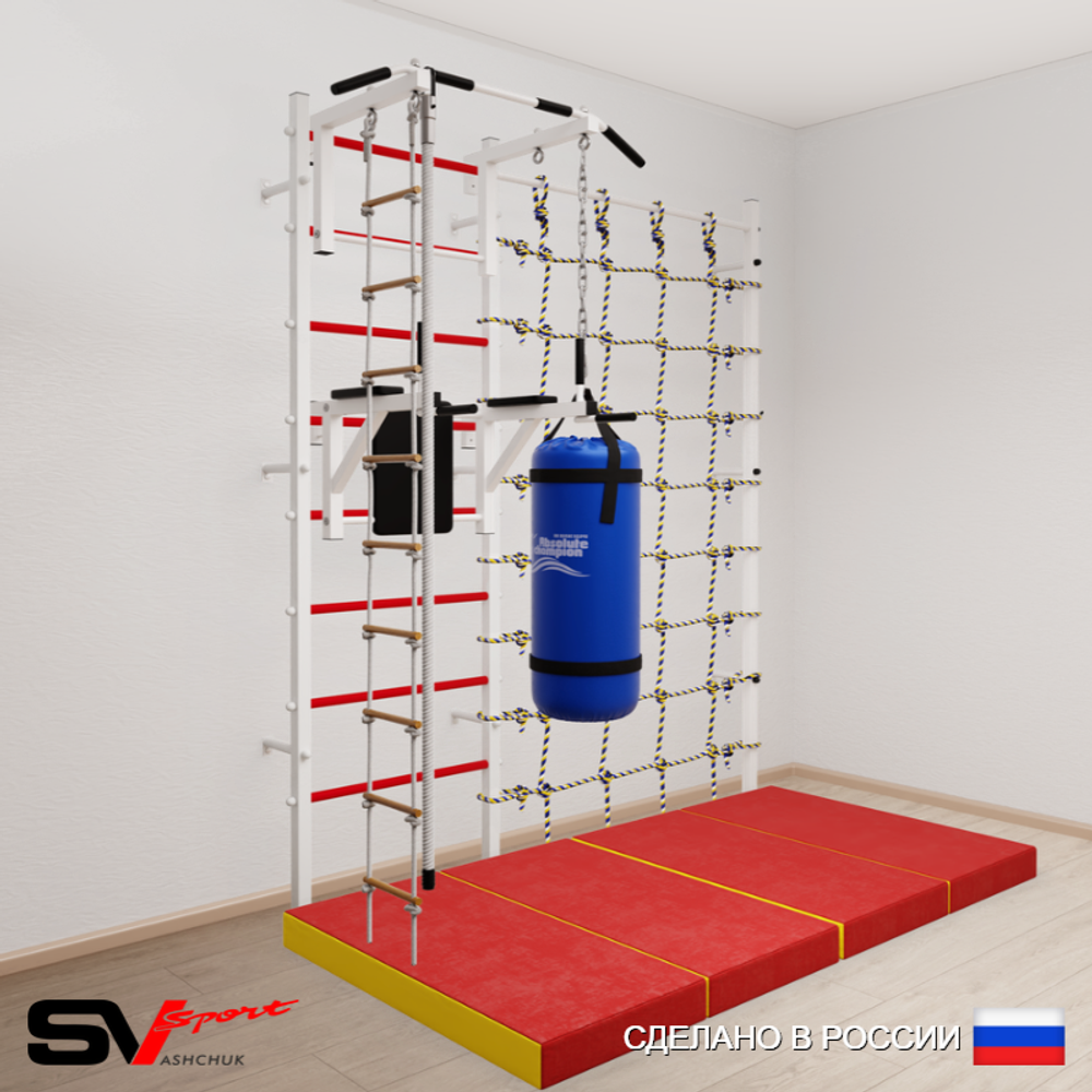 Шведская стенка Sv Sport усиленная 67560 (Турник стандарт/Брусья/Канат/Лестница/Цепь/Мешок 22кг/Мат 2м/Канатный лаз)