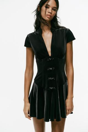 ZARA БАРХАТНОЕ МИНИ-ПЛАТЬЕ С ЗАСТЕЖКОЙ, ЧЕРНЫЙ