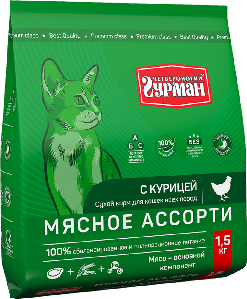 Корм сухой для кошек Четвероногий гурман "Мясное ассорти с курицей", 1,5 кг