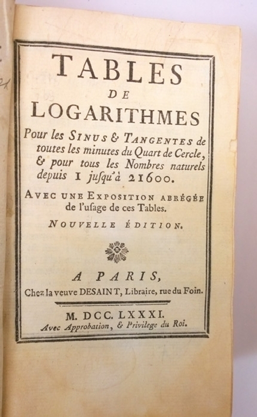 "Tables de logarithmes (Таблицы логарифмов)"  M.DCC.LXXXI (1781 г.)   Антикварная книга
