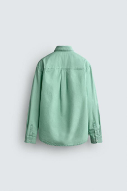 ZARА РУБАШКА REGULAR FIT С ЭФФЕКТОМ ПОТЕРТОСТИ, ЛИНЯЛЫЙ ЗЕЛЕНЫЙ