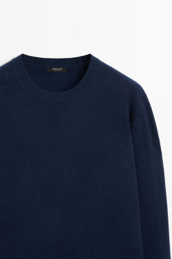 Massimo Dutti Вязаный свитер с круглым вырезом из смесовой шерсти, темно-синий