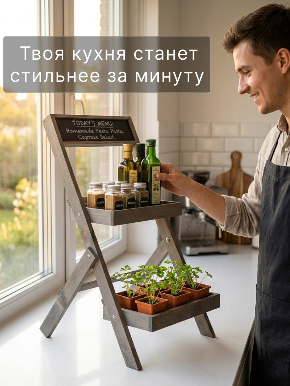 Этажерка для цветов 30×30×71, 2 лотка и грифельная доска, массив сосны, серый бейц