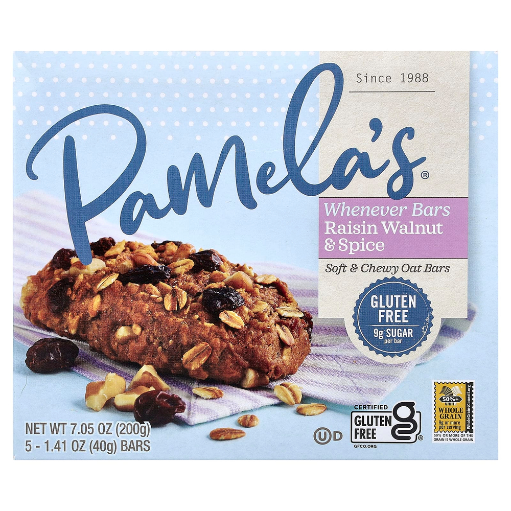 Pamela's Products, Everyday Bars, батончики с изюмом, грецким орехом и специями, 5 батончиков по 40 г (1,41 унции)