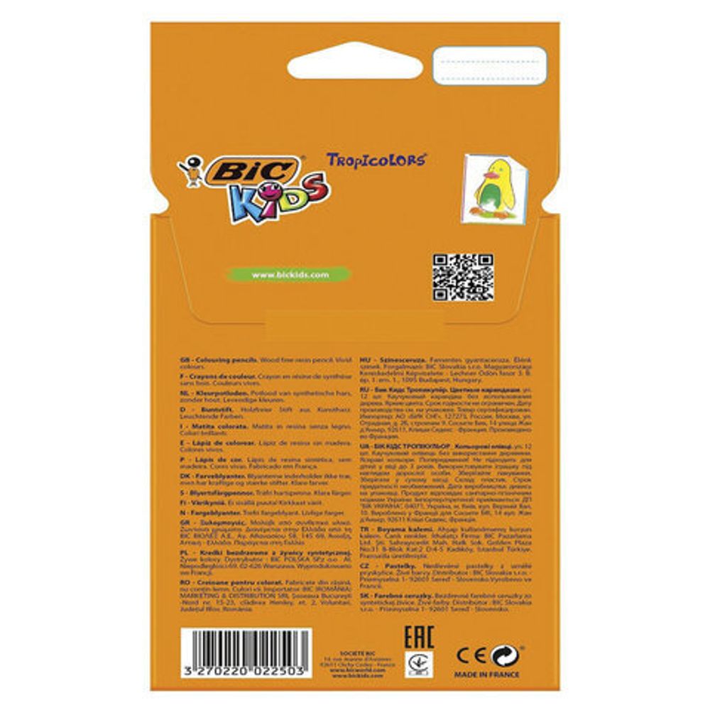 Карандаши цветные BIC "Tropicolors", 12 цветов, пластиковые, заточенные, европодвес, 8325666
