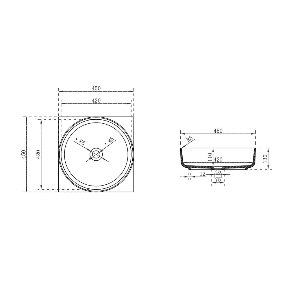 Раковина Солид Серфейс (Solid Surface) Vincea VBS-6S16MW, 450*450*130, накладная, цвет белый матовый,