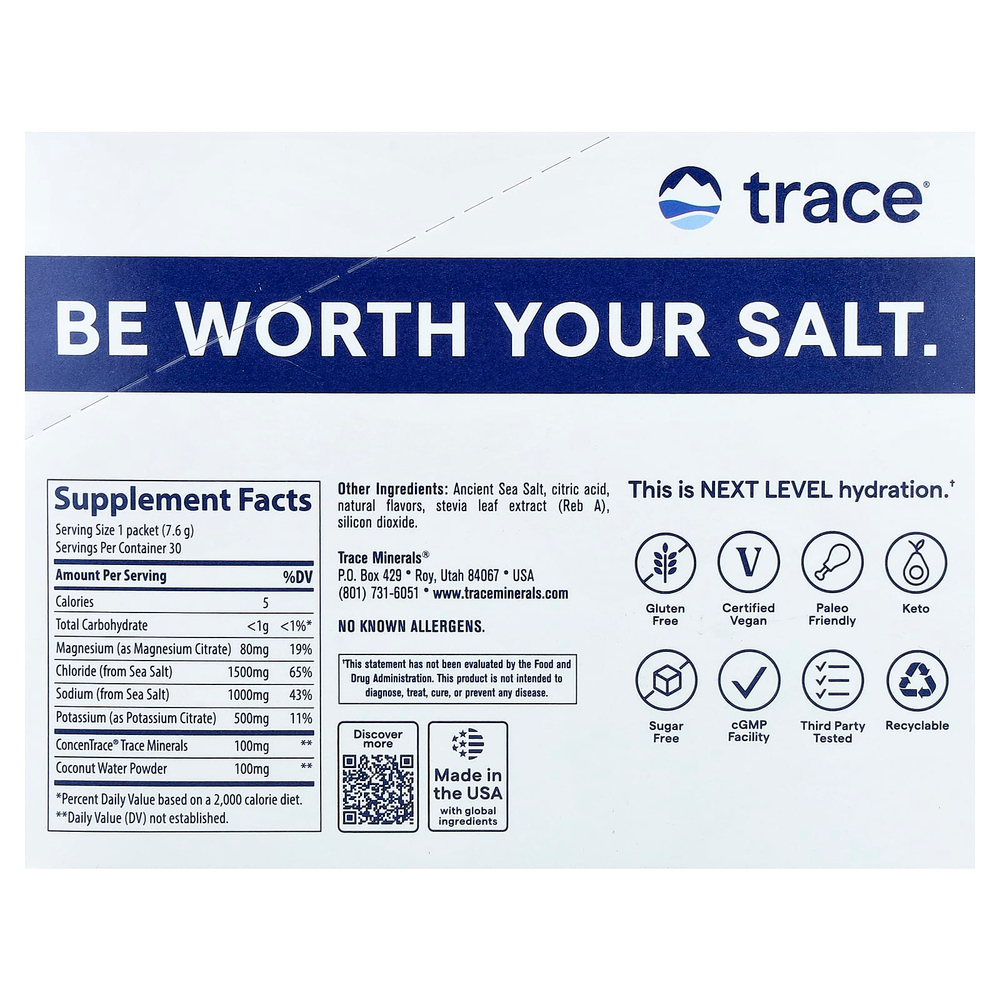 Trace, ZEROLyte, электролиты и кокосовая вода, со вкусом соленого апельсина, 30 пакетиков по 7,6 г (0,27 унции)