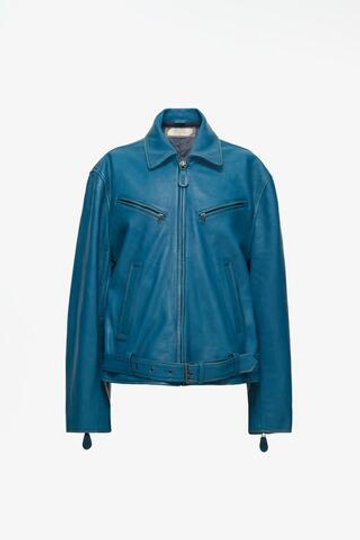 ZARA X JOHN GALLIANO КОЖАНАЯ БАЙКЕРСКАЯ КУРТКА, СВЕТЛО-ГОЛУБОЙ
