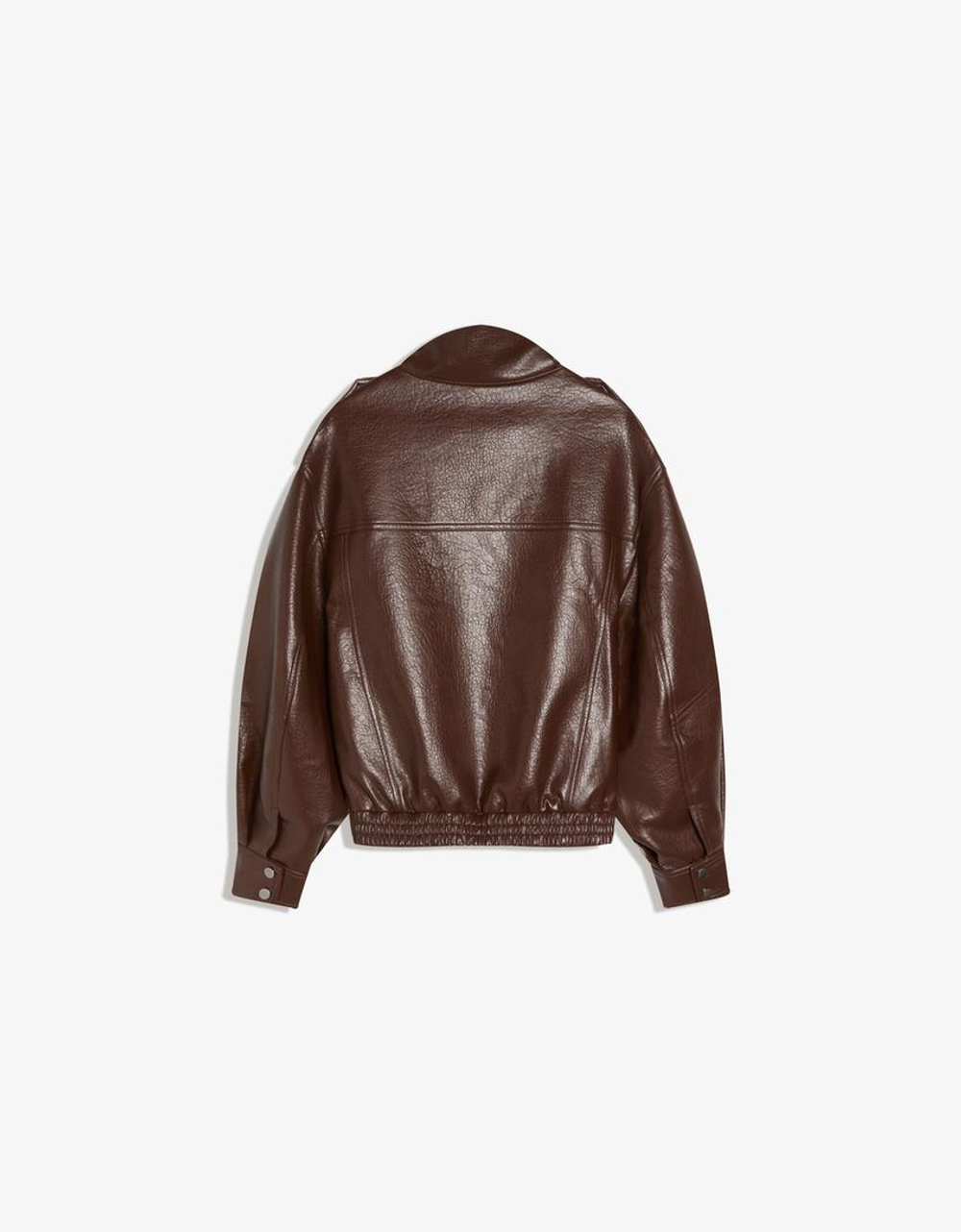 BERSHKA Куртка с воротником-стойкой из искусственной кожи, коричневый
