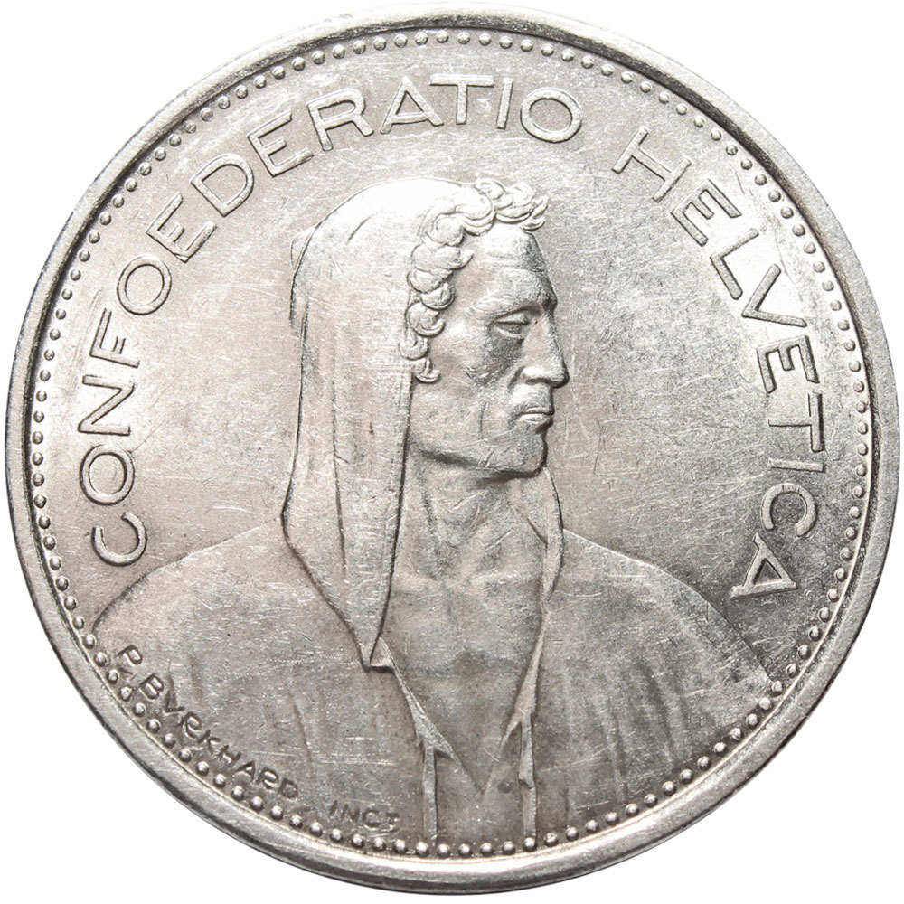 5 франков. Швейцария. Серебро. 1966 год. XF-AU